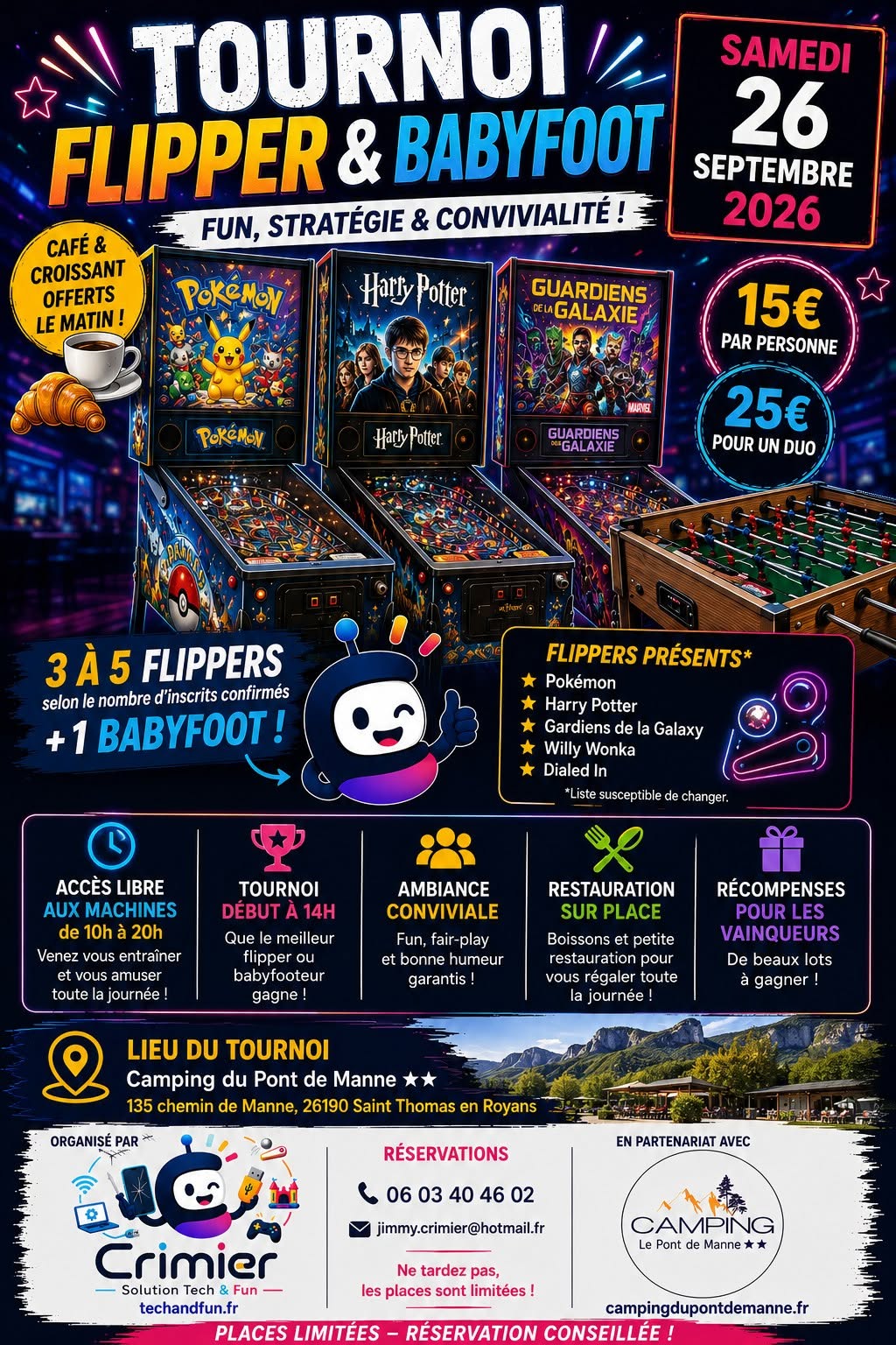 Affiche de Tournoi de Flipper et Baby-foot au Camping du Pont de Manne